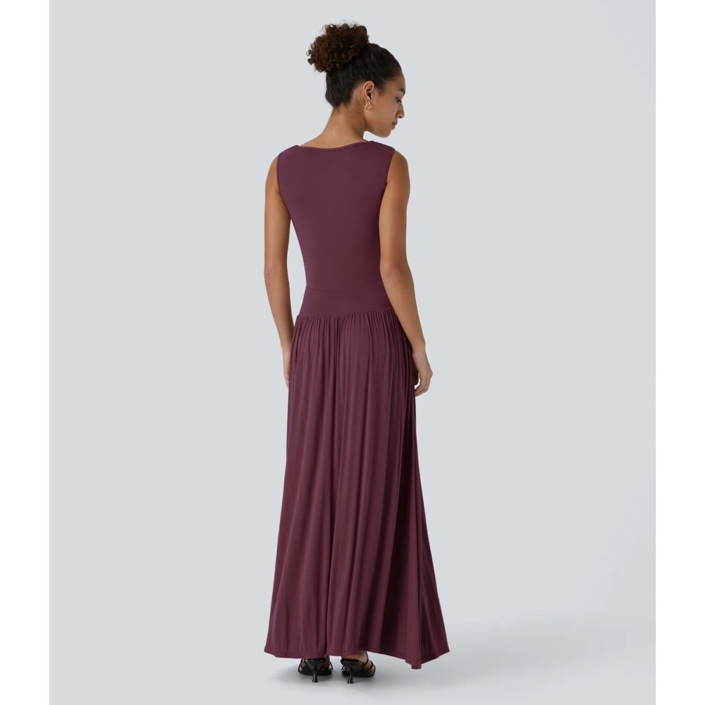 NWT Halara Ribbed Boat Neck Asymmetric Strap Ruched Maxi Dress L‎ - Picture 2 of 7